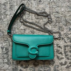 Coach Tabby Pebble Leather Clutch with chain strap, bright green